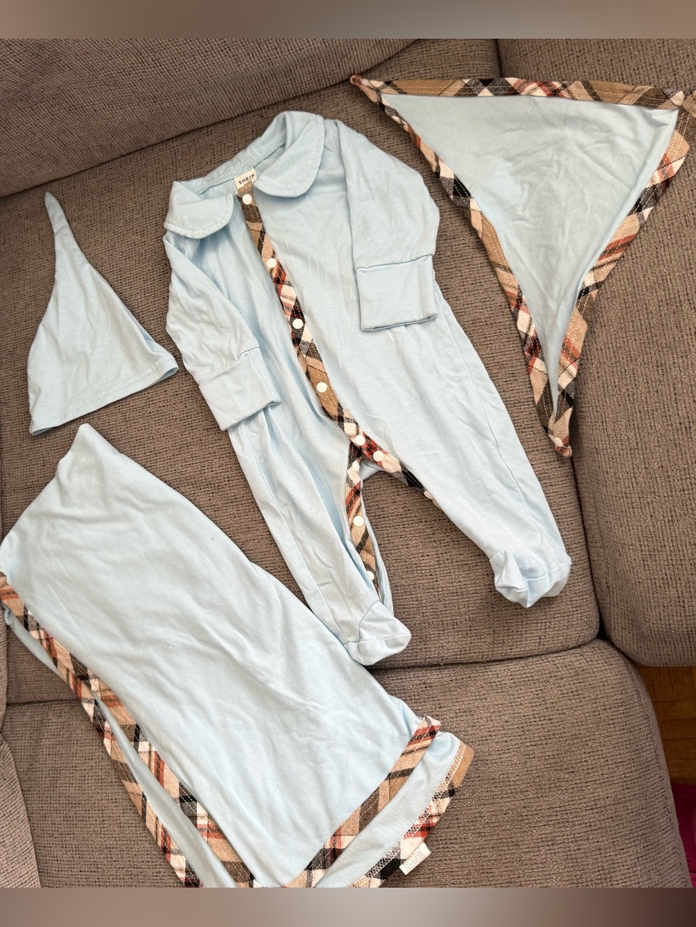 SHEIN Light Blue Baby Footed Jumpsuit with Plaid Trim
